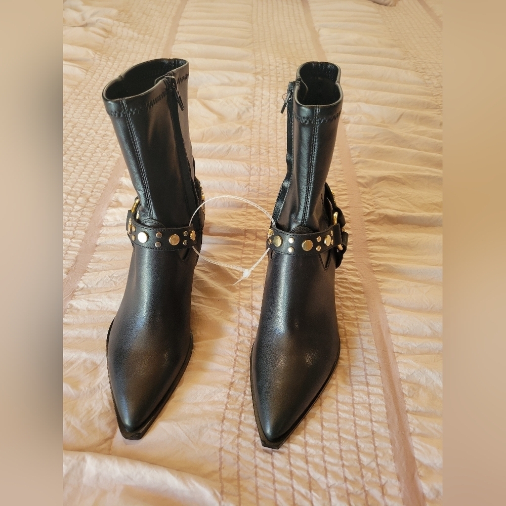 Dolce Vita Black Heeled Boots with Gold Accents - Picture 4 of 11